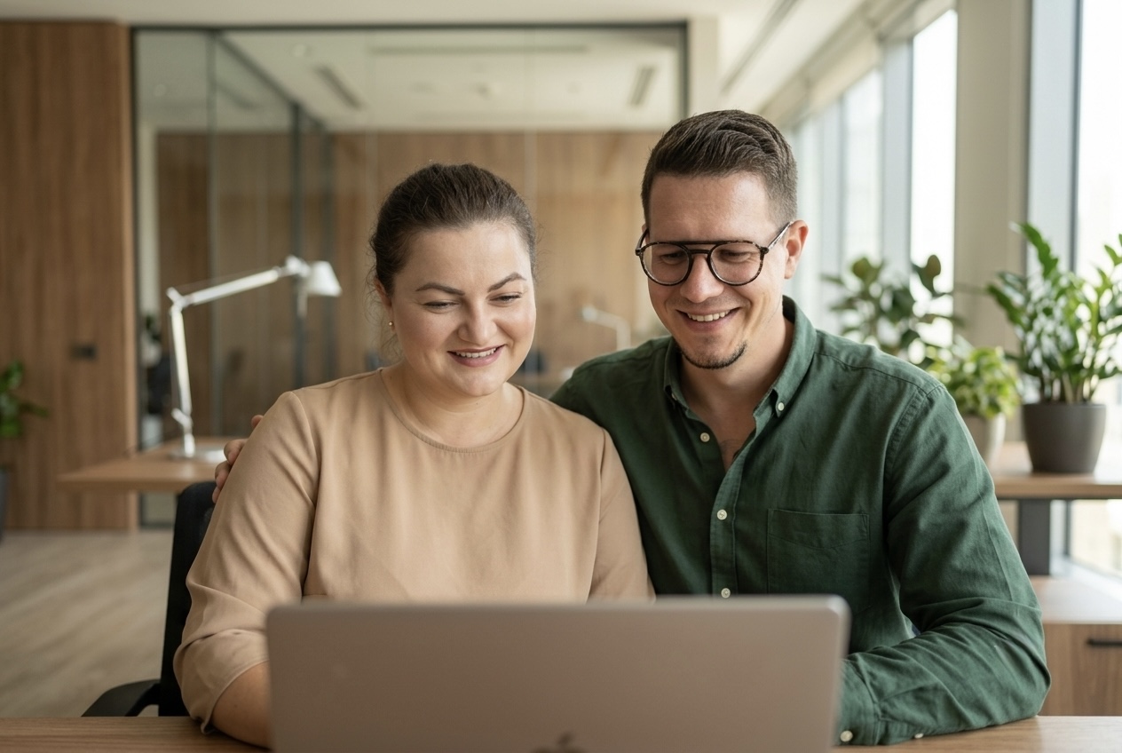 Dominic und Nina Winsauer, die Gründer von Nidomas, gemeinsam am Laptop