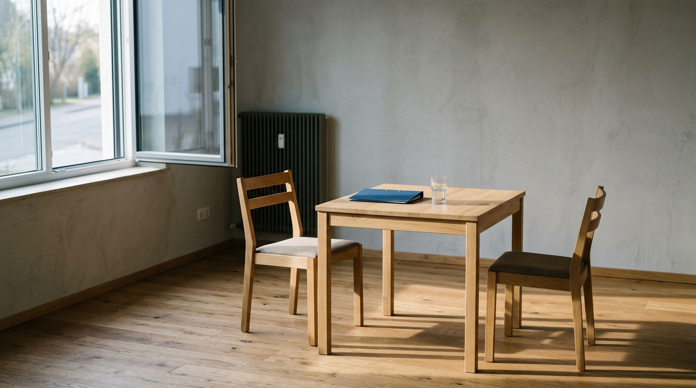 Ein leerer Besprechungstisch aus hellem Holz mit zwei einander gegenüberstehenden Stühlen, darauf eine geschlossene Mappe und ein Glas Wasser, seitliches Tageslicht.