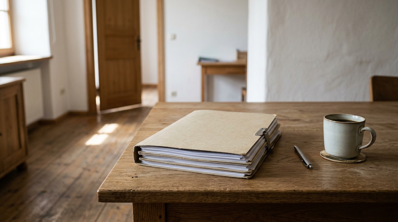 Ein aufgeräumter Schreibtisch aus Holz mit einem Stapel Personalunterlagen in einer Mappe, daneben Stift und Kaffeetasse, weiches Tageslicht von links.